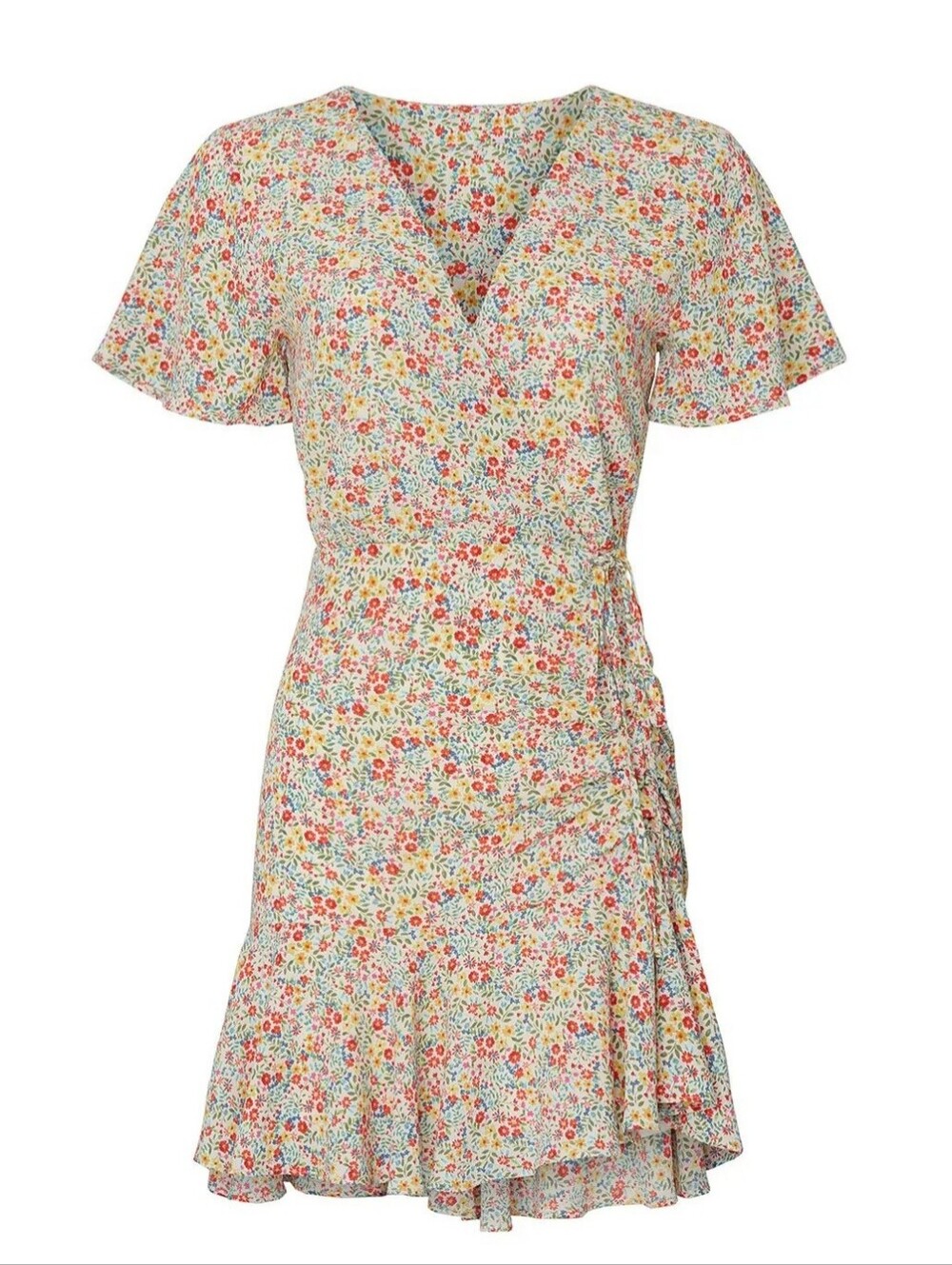 BB Dakota Cream Floral Mini Wrap Dress with Red & Yellow Blooms